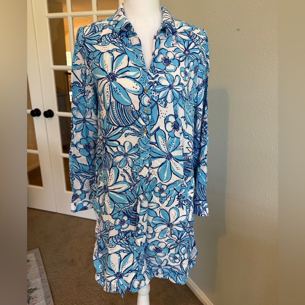 Lilly Pulitzer Floral Blue and White Lobster Women's Cover Up Size Small